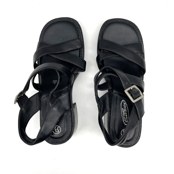 Vintage 90s Y2K Lower East Side Black Faux Leather Strappy Block Heel Sandal 5.5 - Picture 11 of 16